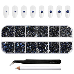 BEADSLAND pack front showing navy blue rhinestone compartments and included tools, clear organization benefit