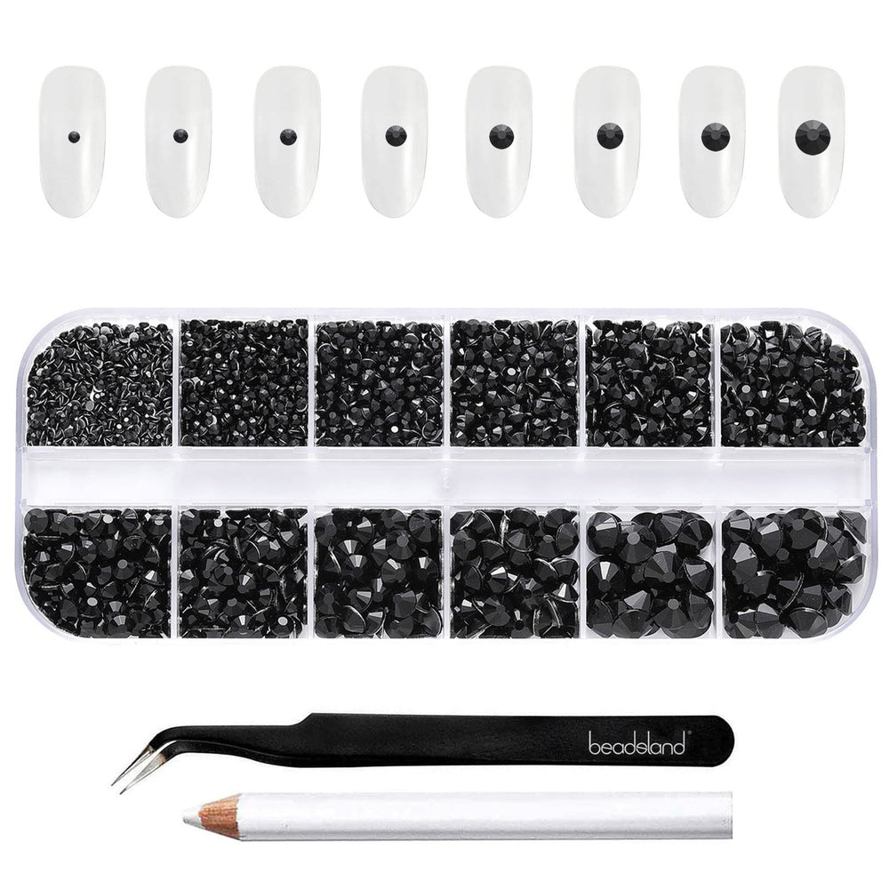 BEADSLAND front packaging showing 2500 black rhinestones and tools for organized use