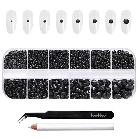 BEADSLAND front packaging showing 2500 black rhinestones and tools for organized use