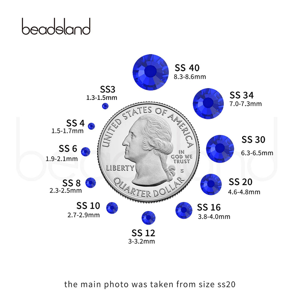 BEADSLAND rhinestone next to ruler showing 8.4mm size for accurate sizing benefit
