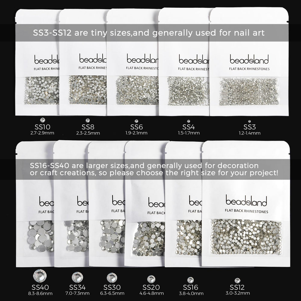 BEADSLAND SS10 gems beside a ruler illustrating 2.7–2.9mm size clarity