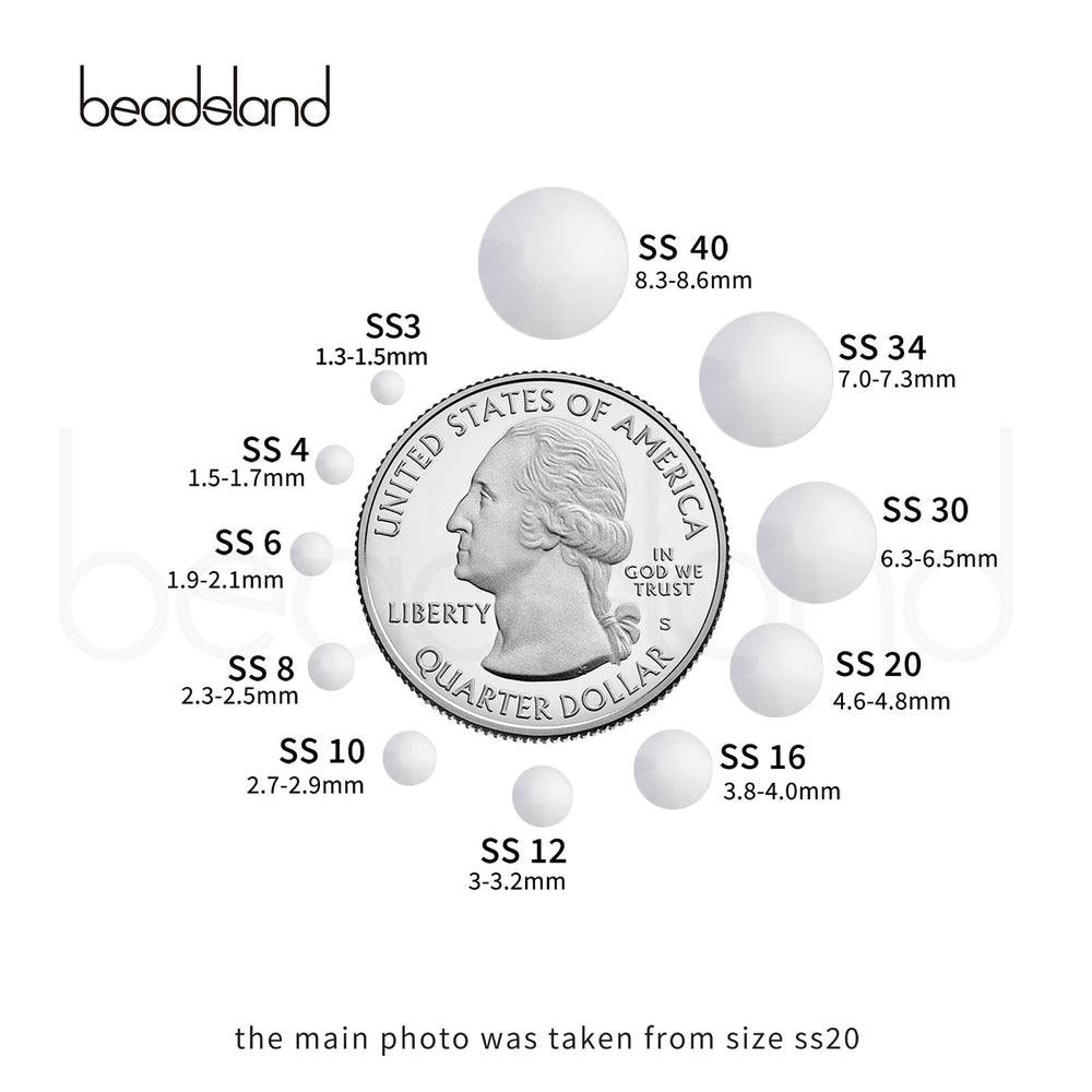BEADSLAND SS6 rhinestones beside a coin showing scale and size-accuracy benefit