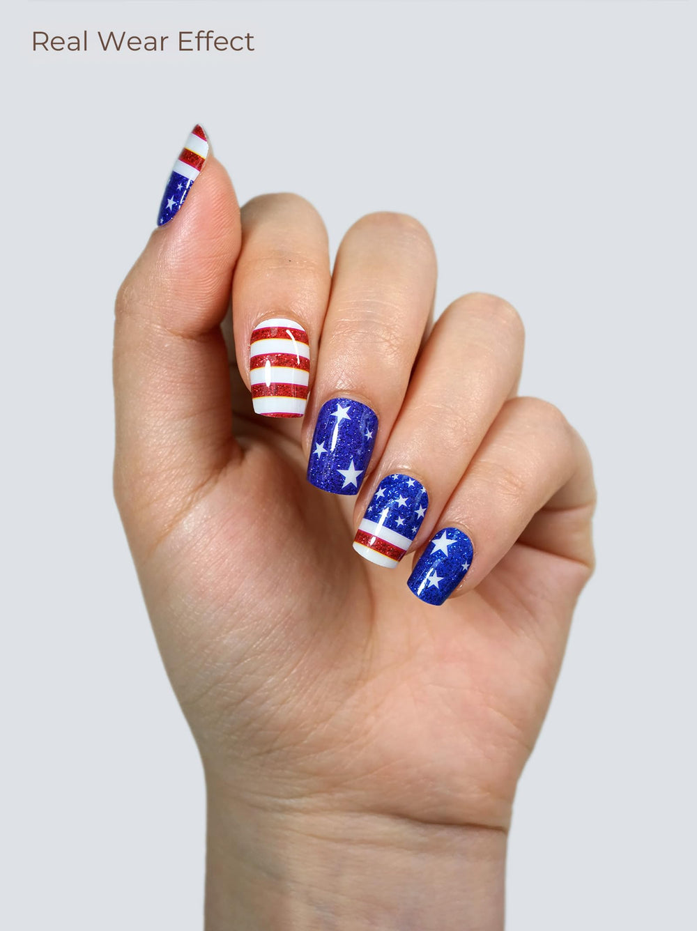 Beaolata finished manicure hand displaying stars and stripes design for festive look benefit