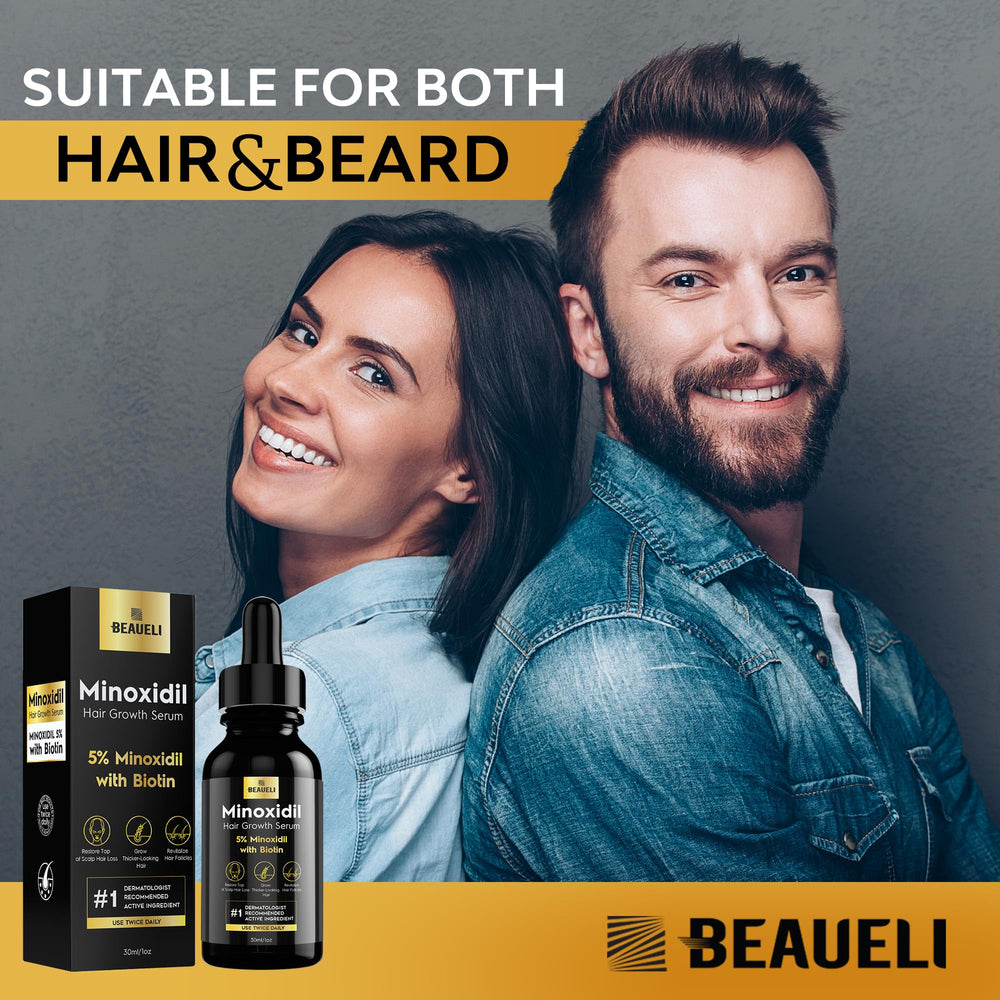 beaueli label close-up showing 5% minoxidil and biotin ingredients