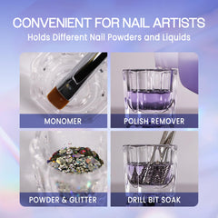 Beauticom dish holding monomer liquid illustrating chemical-safe glass and controlled use
