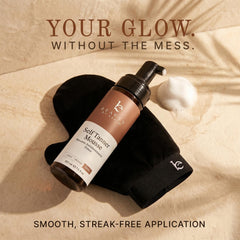 Beauty by Earth applicator mitt with mousse showing even, streak-free application benefit