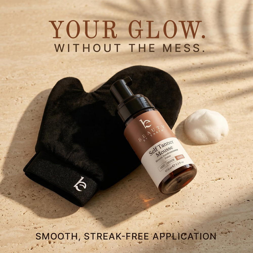 Beauty by Earth applicator mitt in hand for streak-free, even tanning benefit