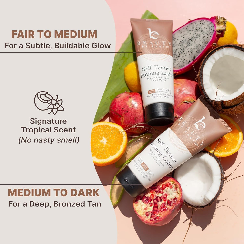 Beauty by Earth before and after shot showing natural-looking bronze benefit