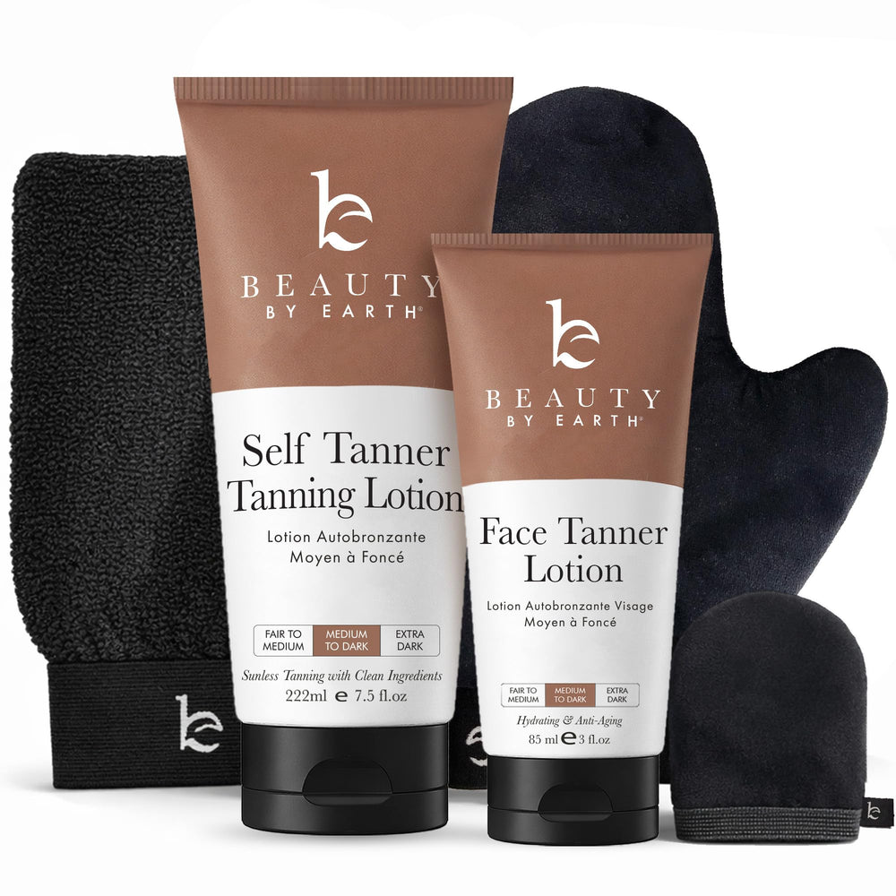 Beauty by Earth front packaging showing complete self tanner kit benefits