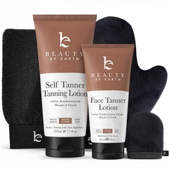 Beauty by Earth front packaging showing complete self tanner kit benefits