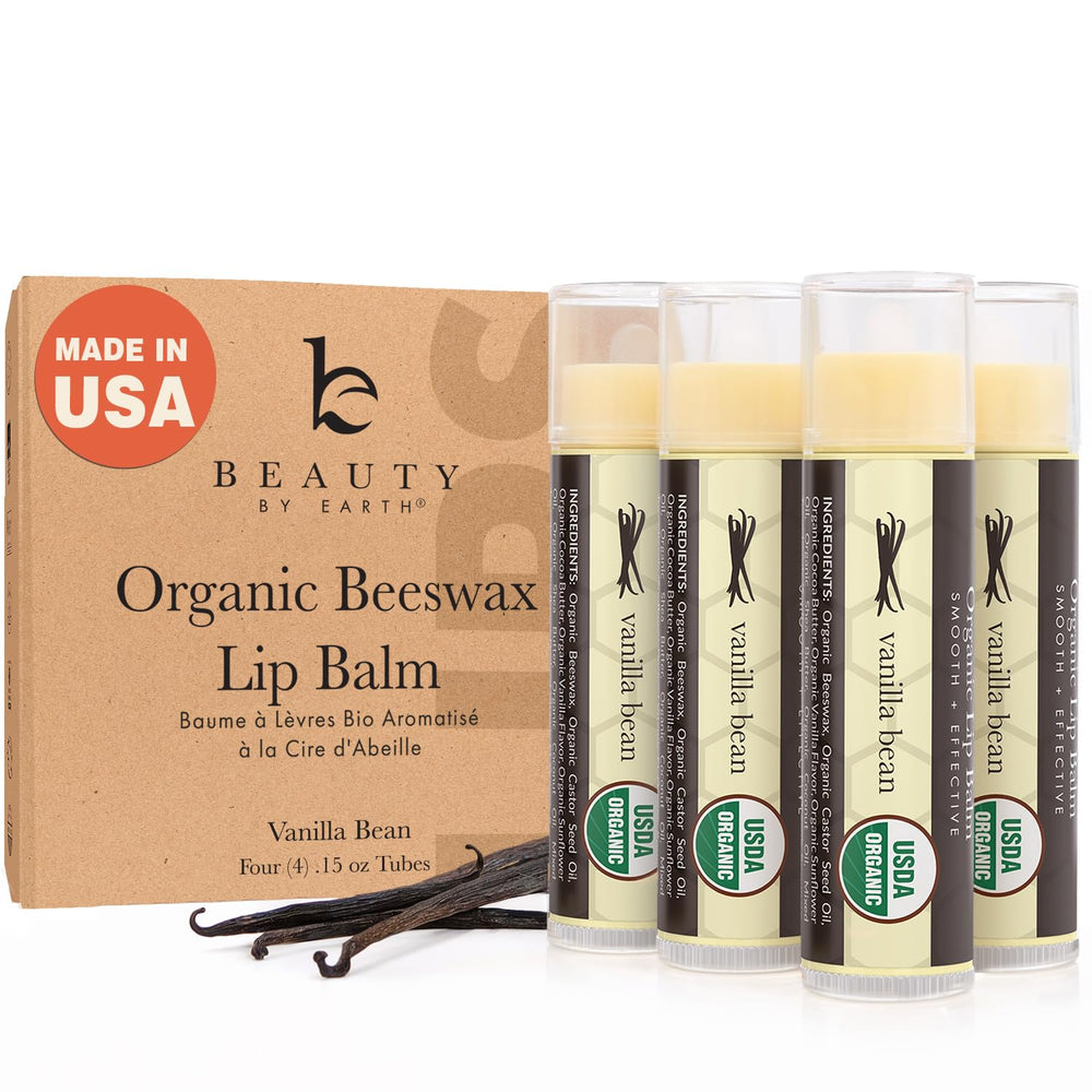 Beauty by Earth front packaging showing vanilla lip balm and organic badge for trust