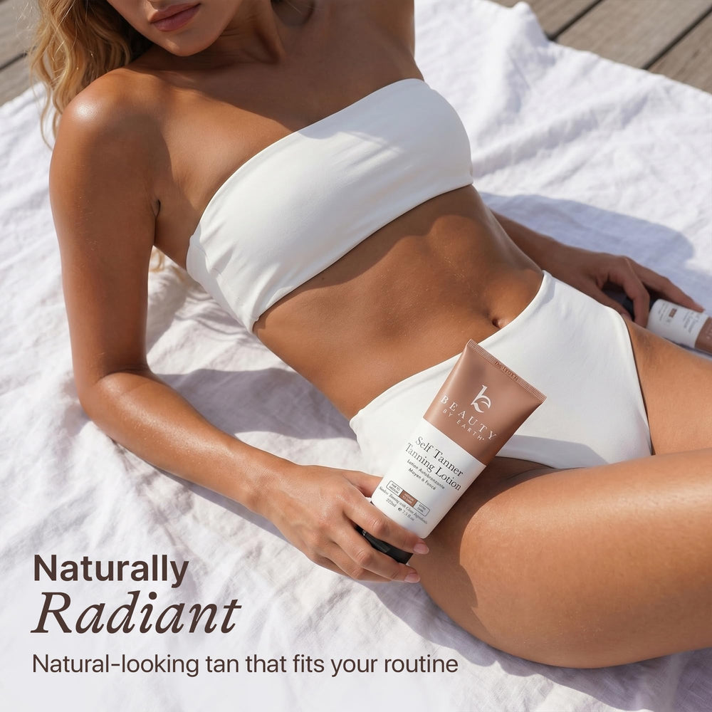 Beauty by Earth kit in a beach bag lifestyle shot ready for sunless travel