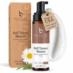 Beauty by Earth front packaging showing clean tanning mousse, highlights safety