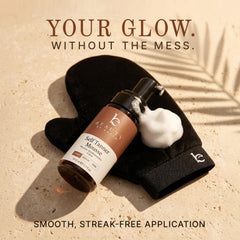 Beauty by Earth velvety tanning mitt detail, ensures streak-free, even application