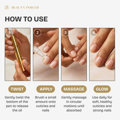 Beauty Power pen applying oil to cuticle demonstrating neat targeted use