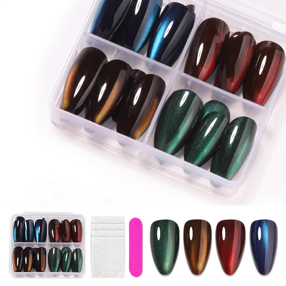 BEAWTH front pack showing 96 cat eye press-on nails and tools, quick salon look
