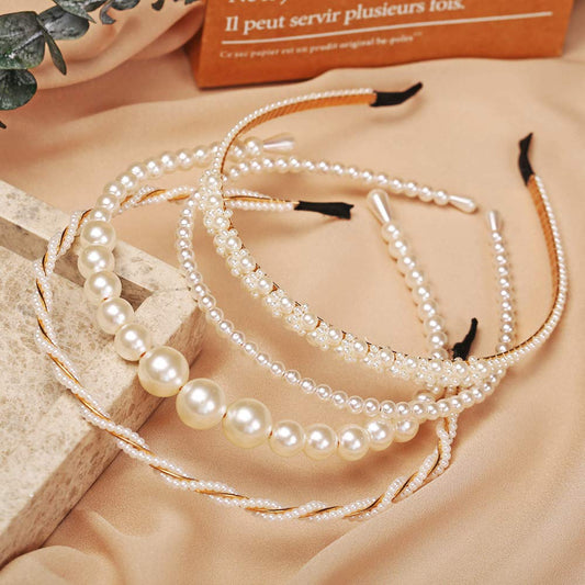 BEAYFILY front view of four pearl headbands showing styles and packaging, elegant accessory benefit
