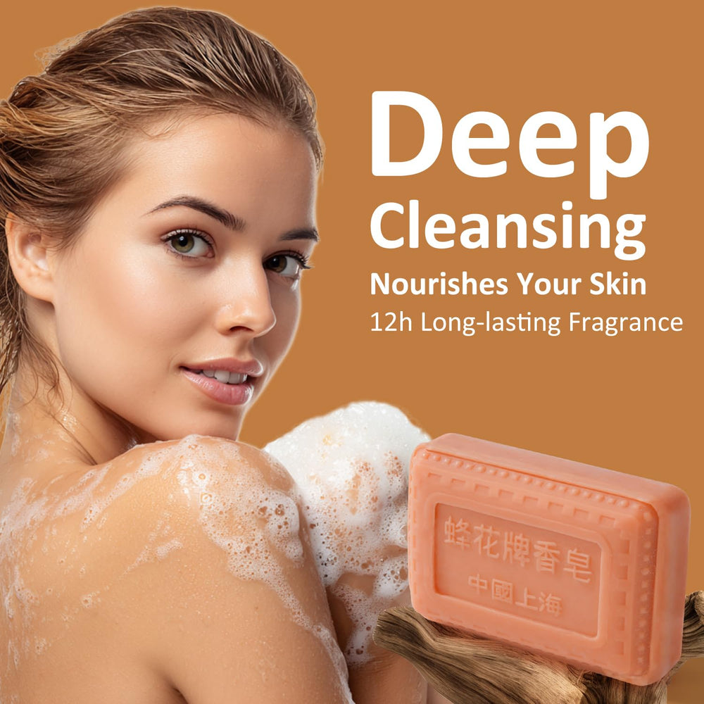 Bee & Flower foam on hand demonstrating rich lather and gentle cleansing action