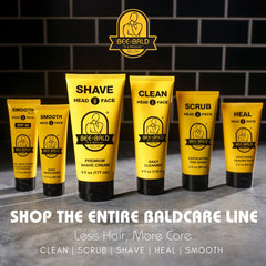 Bee Bald bottle beside a razor comparing size and 3 fl oz capacity