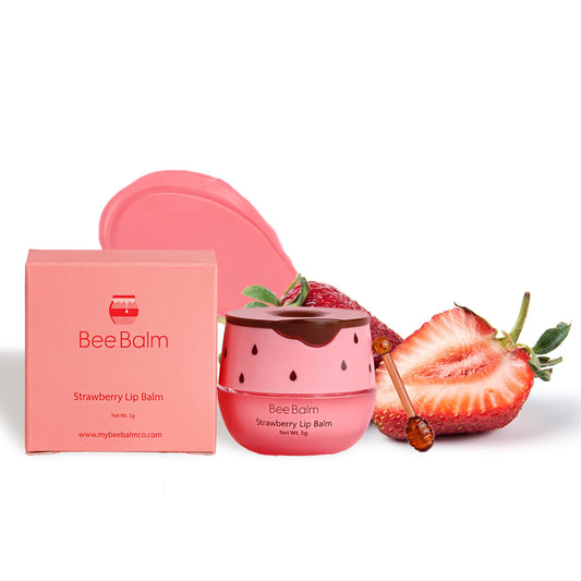 Bee Balm front tube showing strawberry label and moisturizing benefit