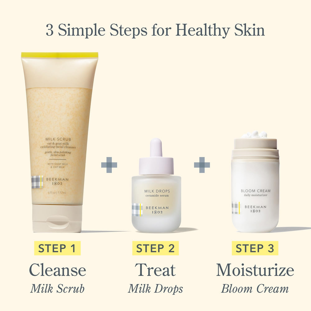 Beekman 1802 bottle styled with oats and cream to convey soothing, barrier-supporting skincare benefit