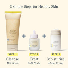 Beekman 1802 bottle styled with oats and cream to convey soothing, barrier-supporting skincare benefit