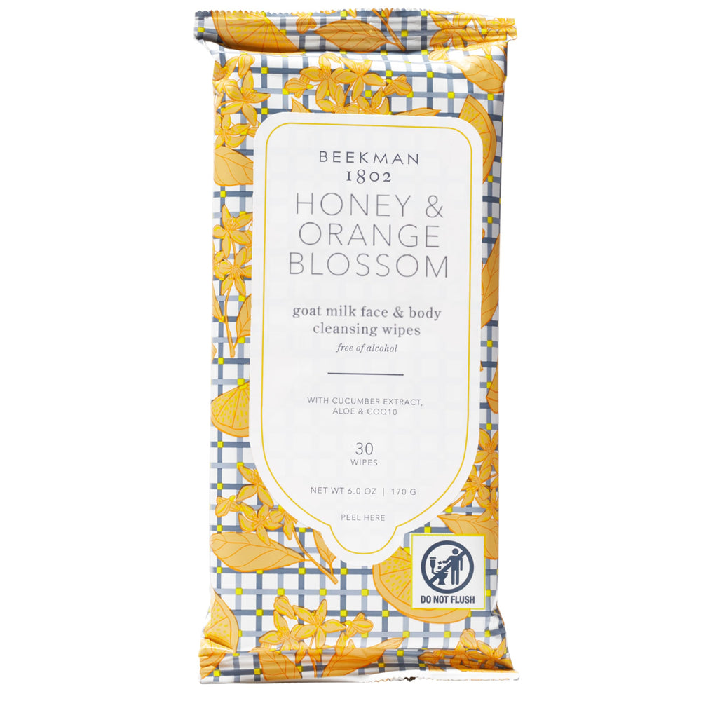Beekman 1802 front packaging showing 30-count wipes and travel convenience