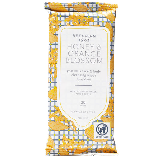 Beekman 1802 front packaging showing 30-count wipes and travel convenience