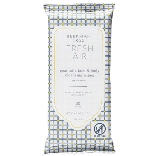 Beekman 1802 front packaging showing Fresh Air wipes and easy resealable pack benefit