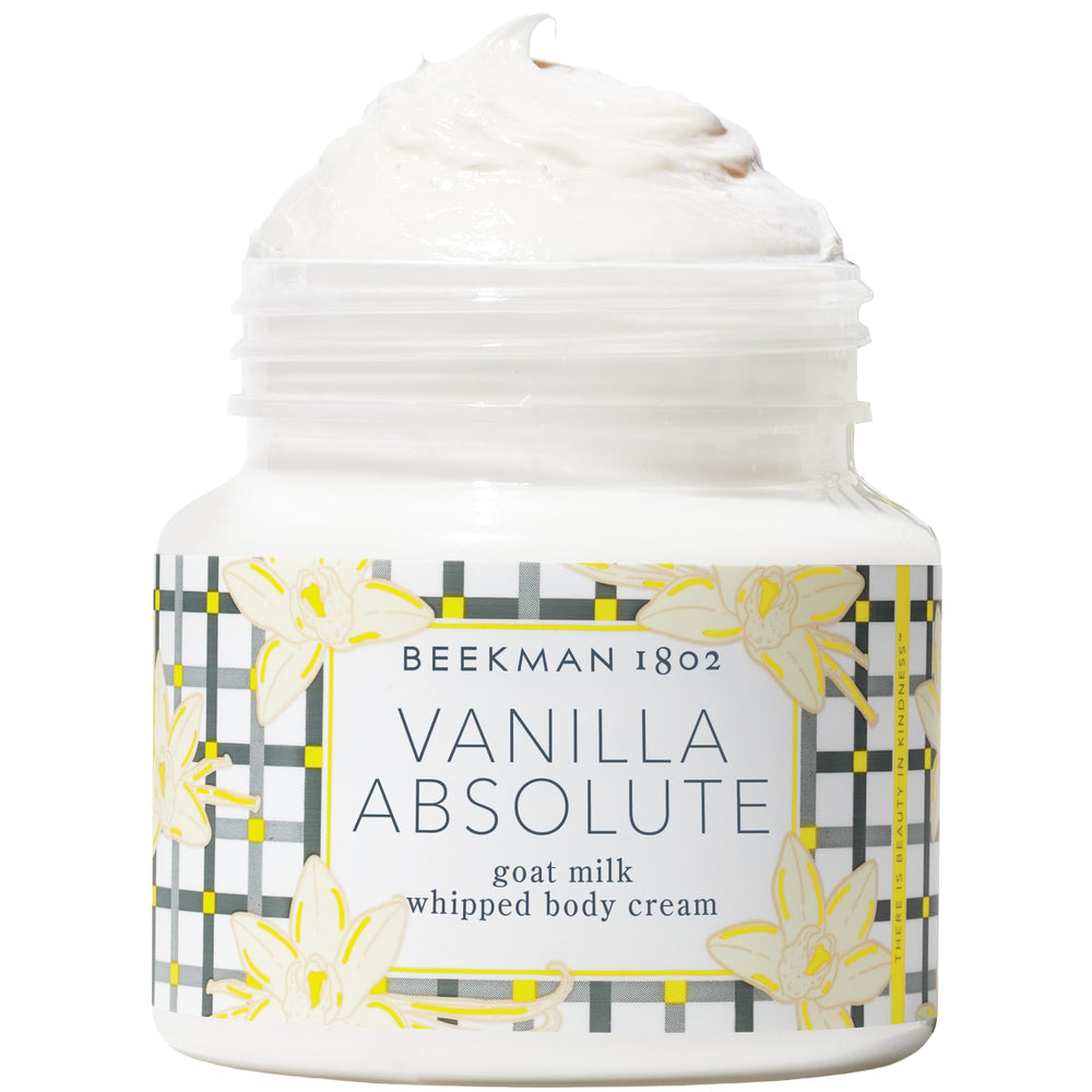 Beekman 1802 front jar shot showing vanilla cream and clear labeling benefits