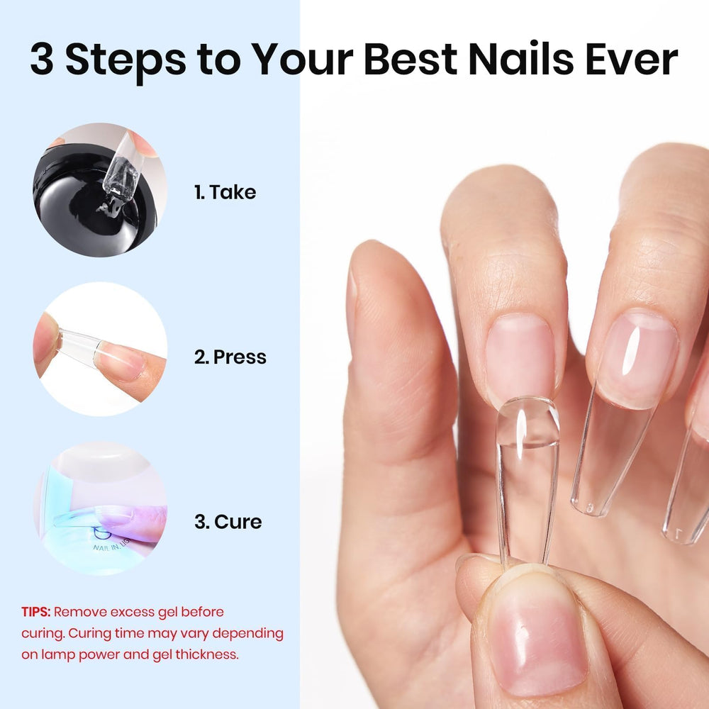 Beetles applying gel to a press-on tip illustrating secure adhesion before cure