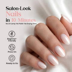 Beetles applied full set on hands demonstrating wearable short almond elegance