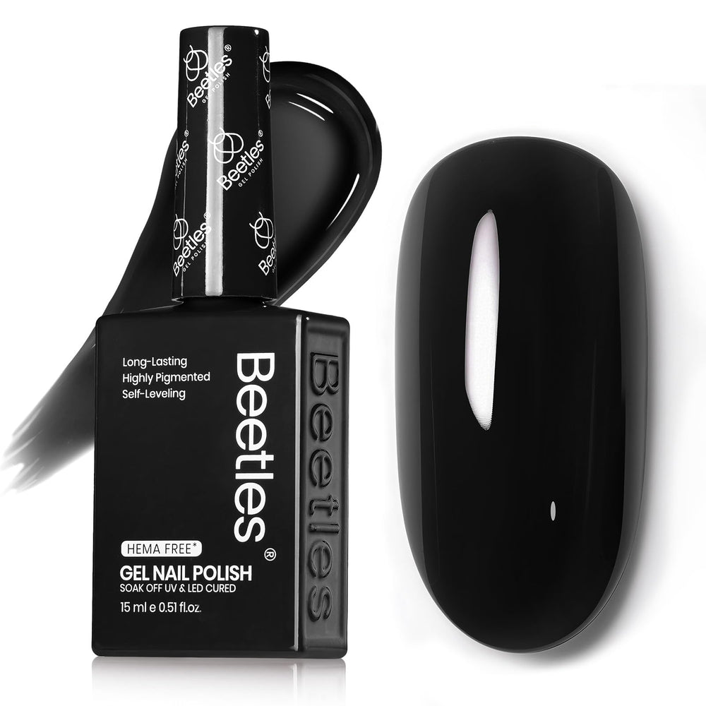 Beetles Gel Polish bottle front view showing Audrey Black glossy finish benefit