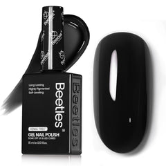 Beetles Gel Polish bottle front view showing Audrey Black glossy finish benefit