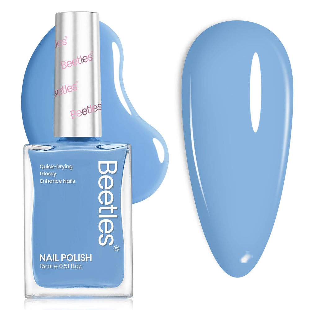 Beetles Gel Polish front bottle showing Beach Bliss blue and label, ideal glossy finish