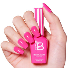 Beetles bikini pink worn at beach lifestyle scene for vacation-ready nails