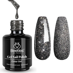beetles bottle front view showing black glitter finish and brand shine