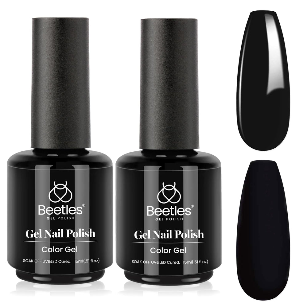 Beetles black gel front bottles showing pure black pigment and professional finish