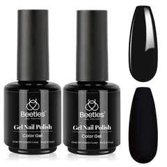 Beetles black gel front bottles showing pure black pigment and professional finish