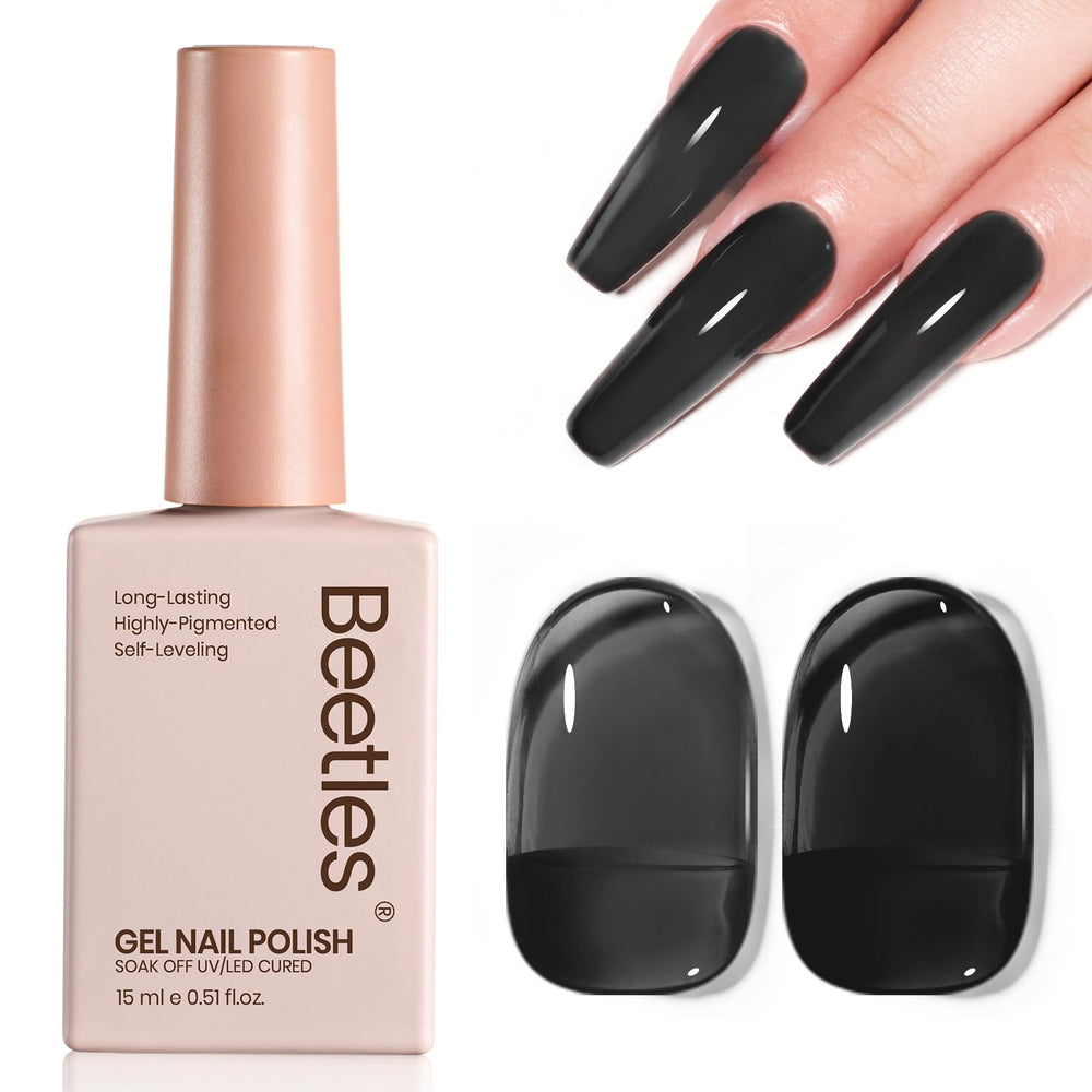 Beetles bottle front view showing sheer black jelly polish, professional finish