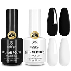 Beetles Gel Polish front packaging showing both black and white bottles and benefits