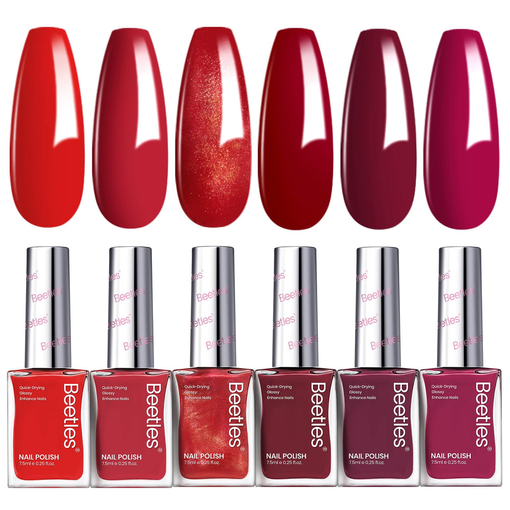 beetles front packaging showing six red bottles and glossy finish benefit