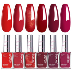 beetles front packaging showing six red bottles and glossy finish benefit