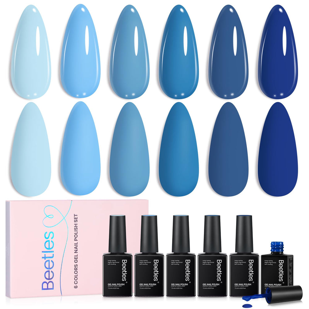 Beetles front packaging showing six ocean blue gel polish bottles and brand
