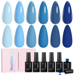 Beetles front packaging showing six ocean blue gel polish bottles and brand