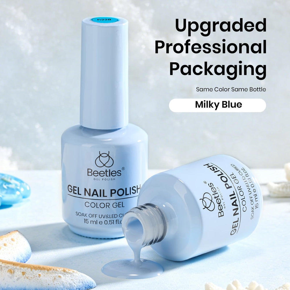 Beetles on manicured hands displaying chic baby-blue look for events
