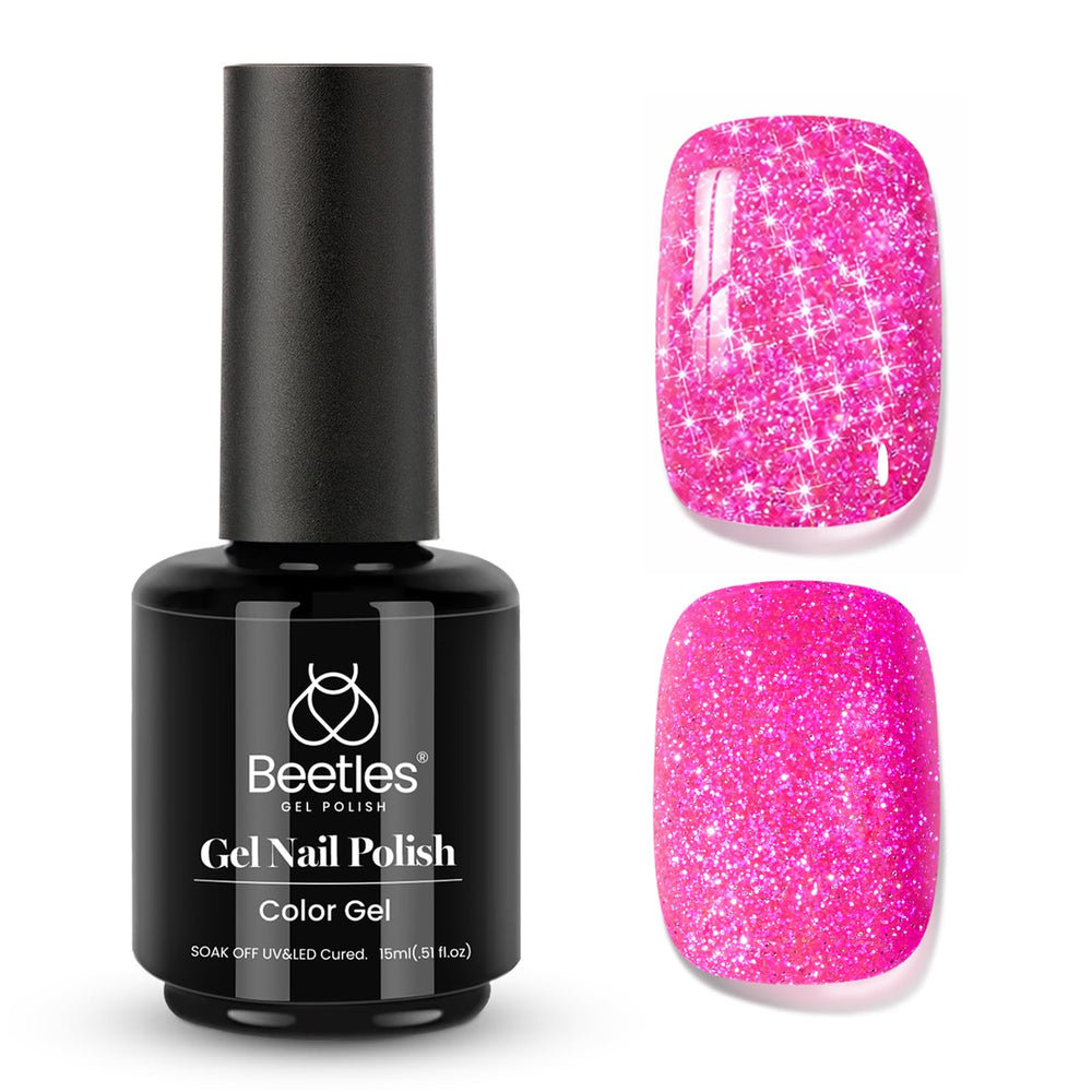 Beetles bottle front showing hot-pink reflective finish for bold shine