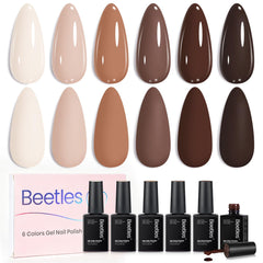 Beetles Gel Polish front packaging showing six brown shades and set benefit