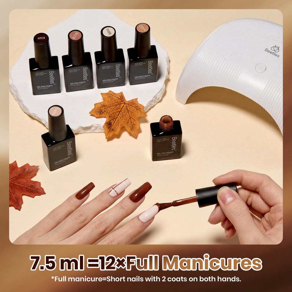 Beetles Gel Polish bottles next to a hand for scale, showing salon-size 7.5ml benefit