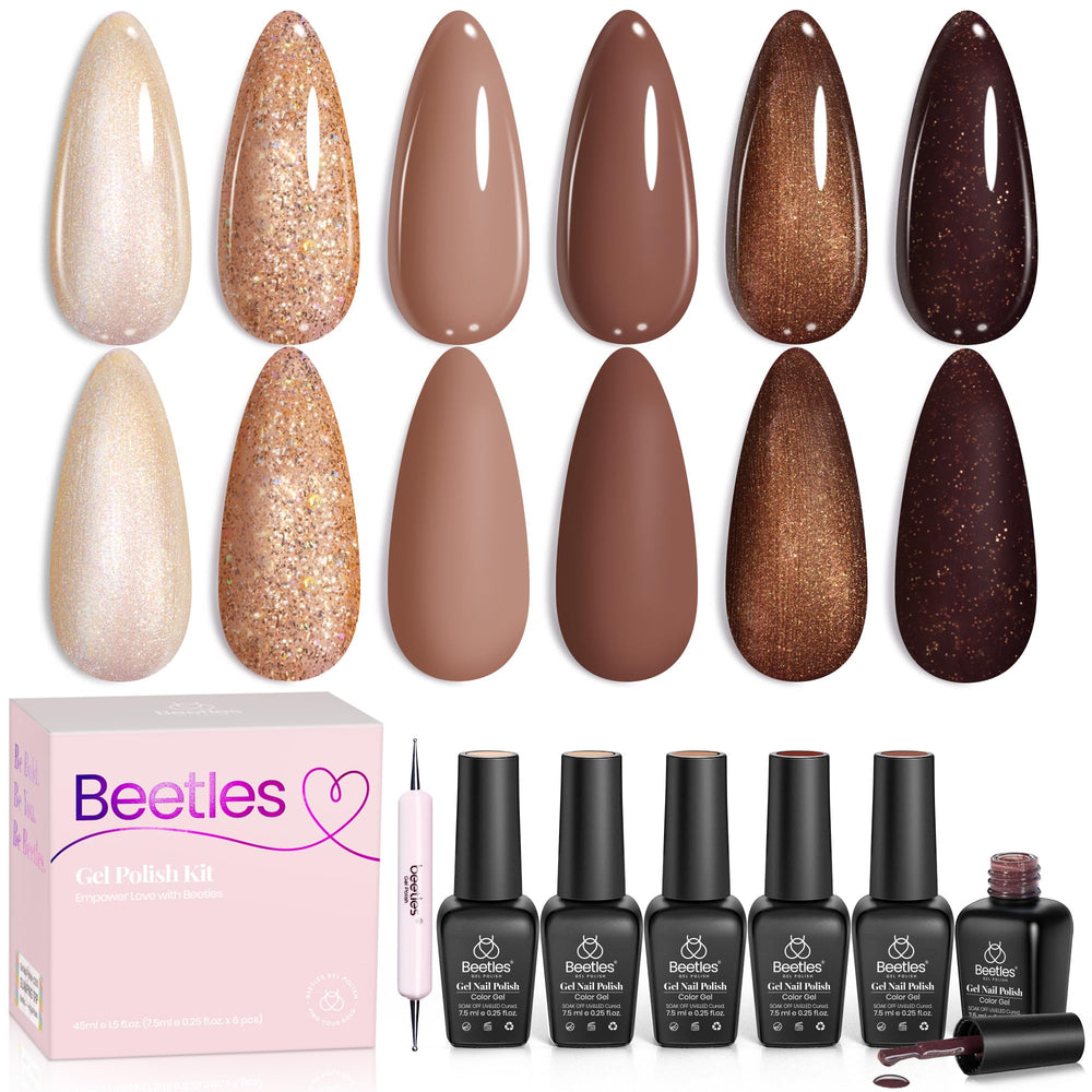beetles front packaging showing six brown gel bottles and kit benefit: cohesive color set